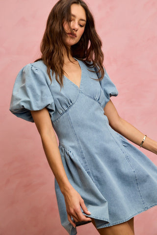SO ME Bubble Sleeves Denim Fit And Flare Mini Dress - Glamourous Grace