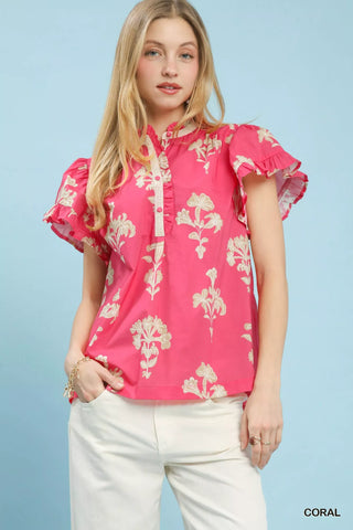 Umgee Floral Ruffle Sleeve Split-Neck Top - Glamourous Grace