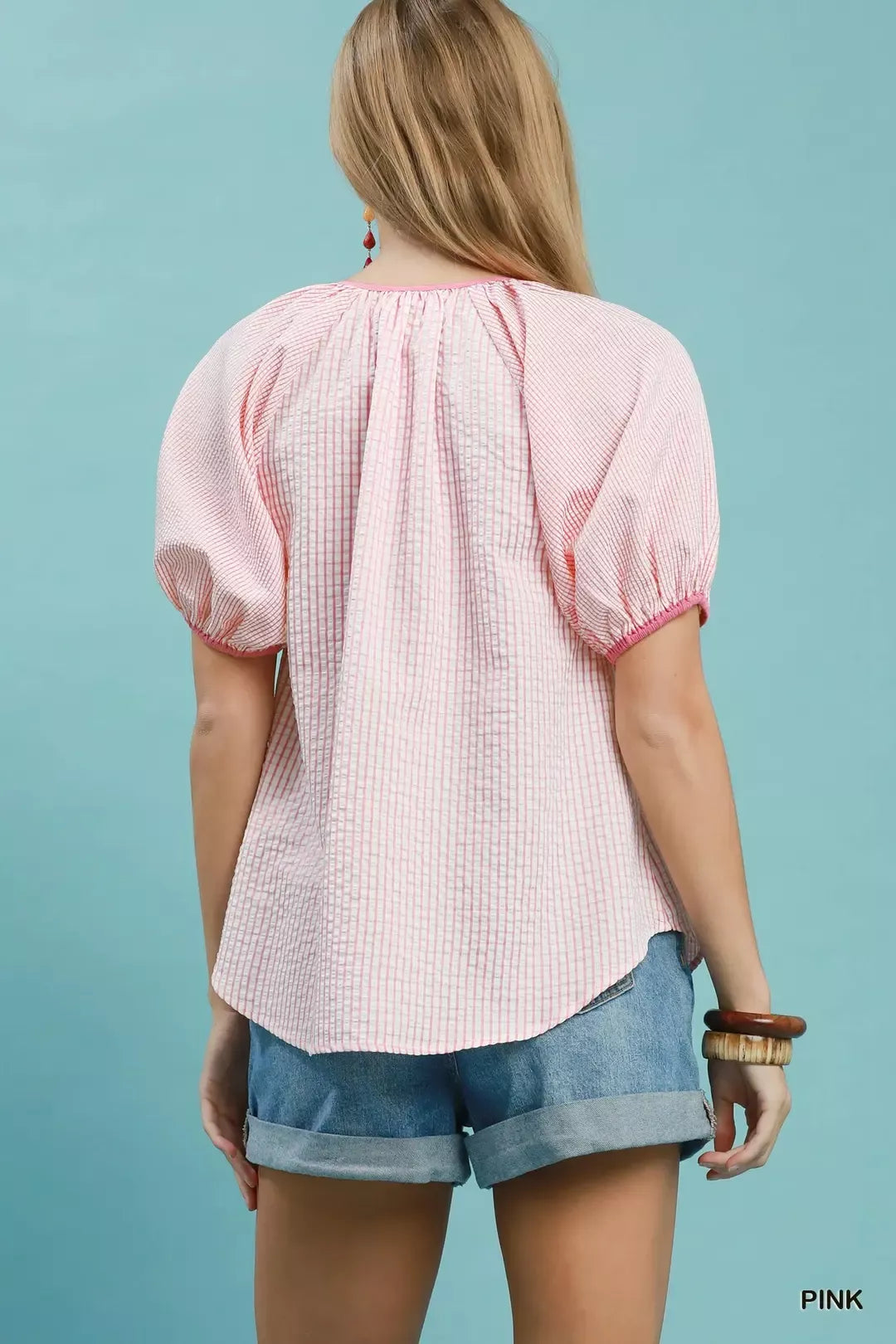 Umgee Checker Puff Sleeve Button Front Blouse - Glamourous Grace