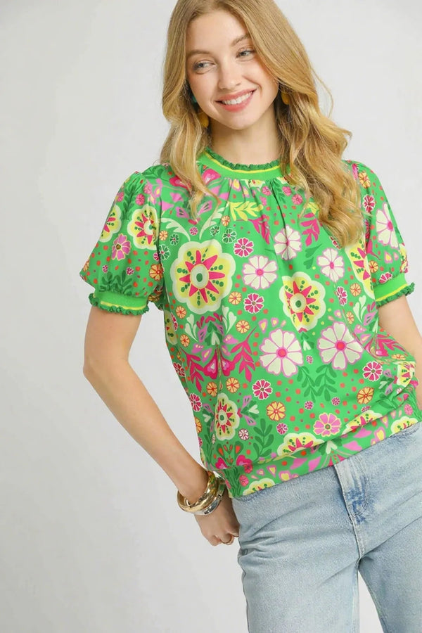 Umgee Retro Floral Puff Sleeve Top - Glamourous Grace