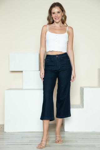Judy Blue Side Seam Braid Detail Crop Wide Leg Blue Wash Denim Jeans