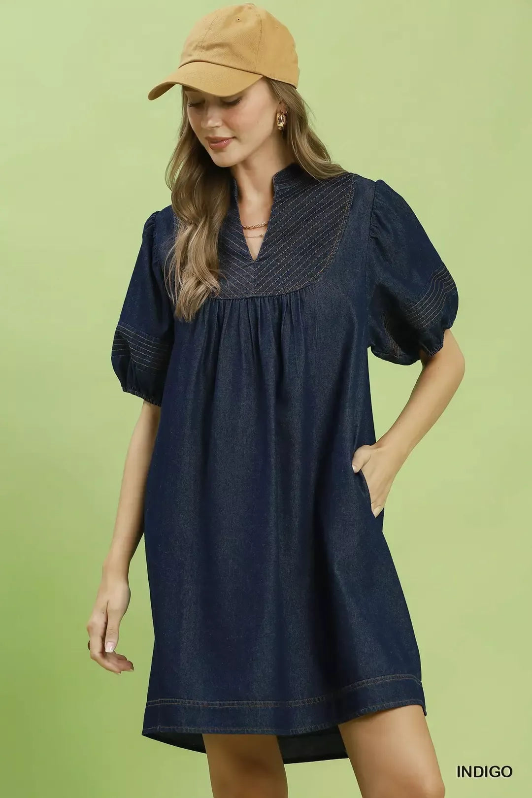 Umgee Notched Puff Sleeve Mini Dress with Pockets - Glamourous Grace