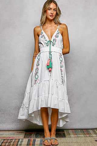 POL Embroidered Detail Tassel Tie Smocked Waist Midi Tiered Cami Dress - Glamourous Grace
