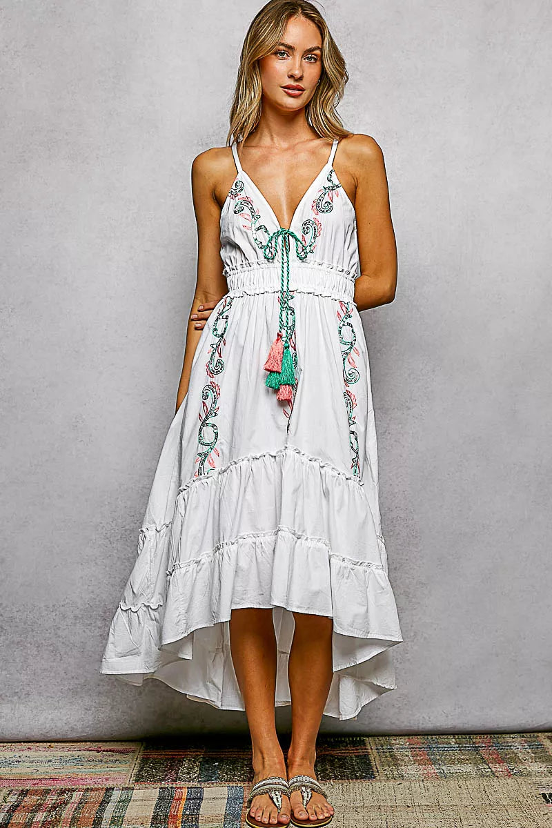 POL Embroidered Detail Tassel Tie Smocked Waist Midi Tiered Cami Dress - Glamourous Grace