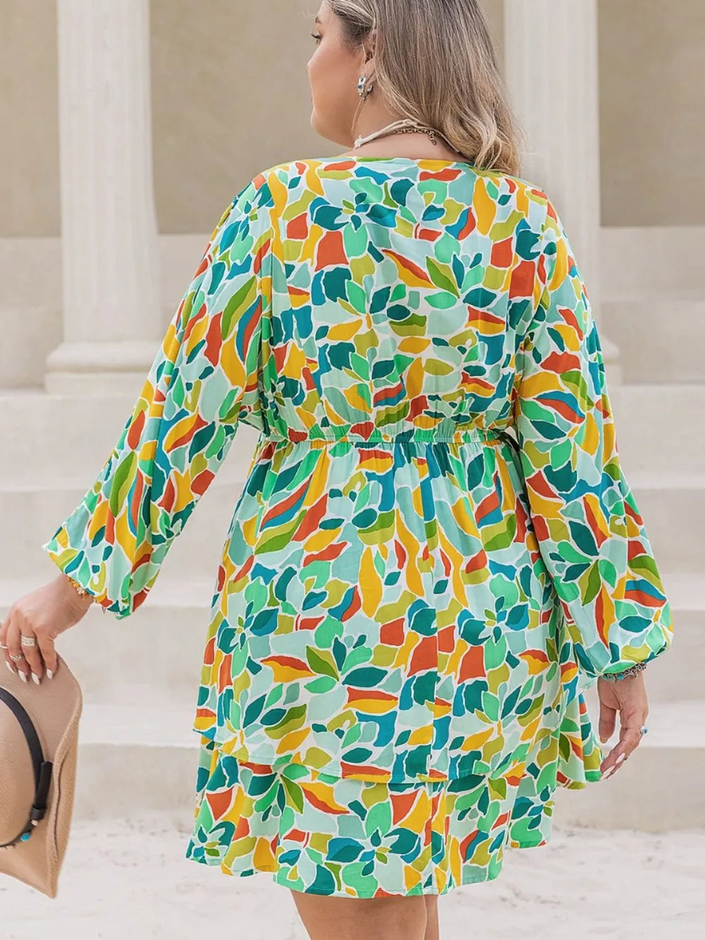 Plus Size Printed Surplice Long Sleeve Mini Dress - Glamourous Grace