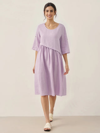100% Linen Asymmetrical Pleated Round Neck Midi Dress YOLANDA