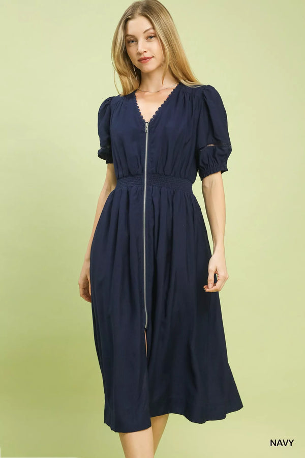 Umgee Zip-Front Smocked Waist Midi Dress - Glamourous Grace