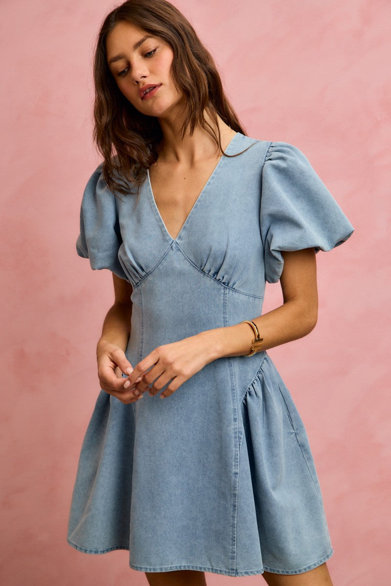 SO ME Bubble Sleeves Denim Fit And Flare Mini Dress - Glamourous Grace