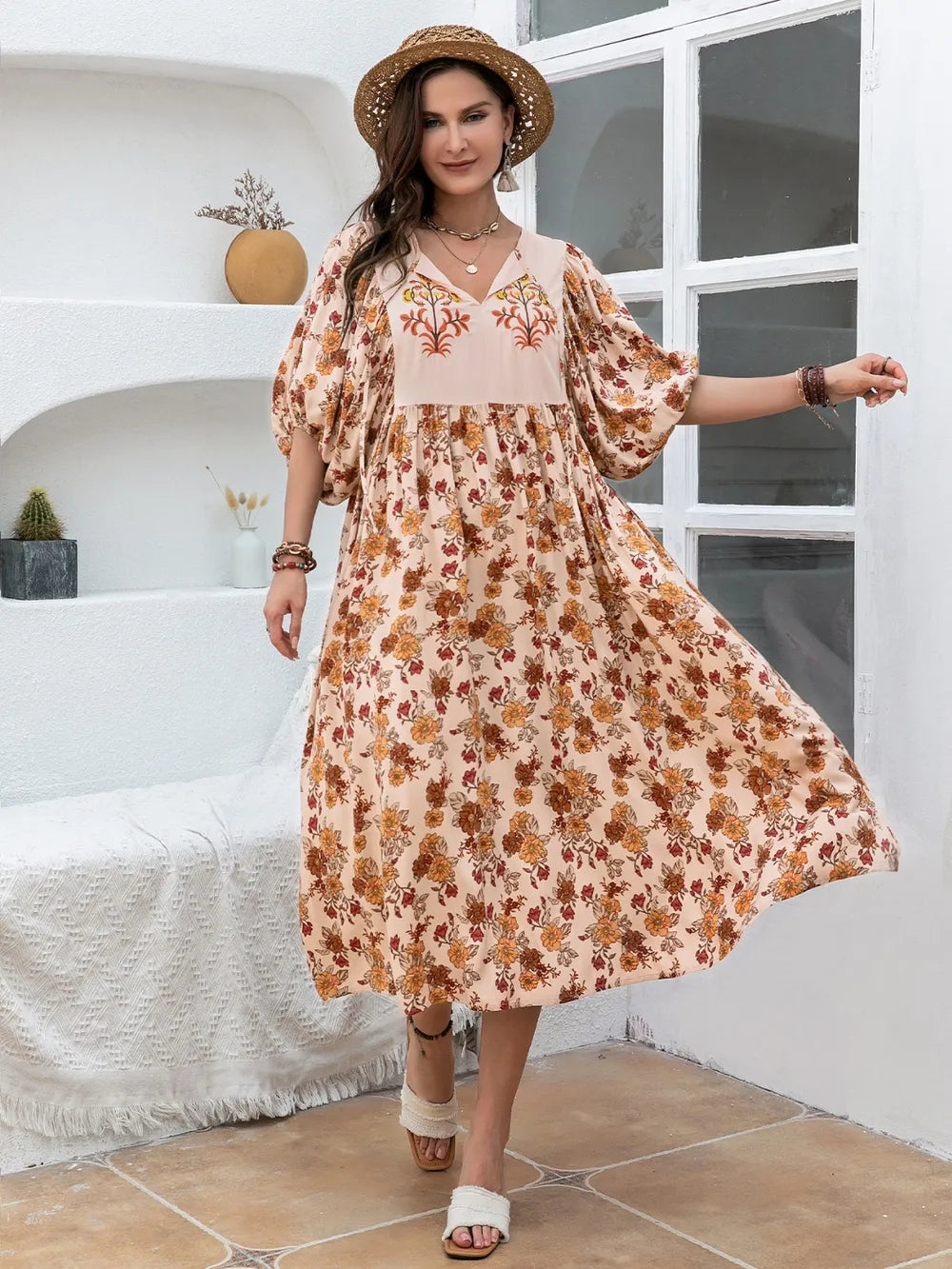 Plus Size Printed Tie Neck Half Sleeve Midi Dress - Glamourous Grace