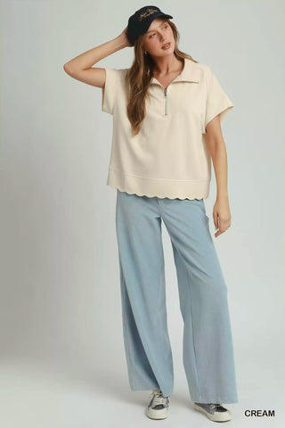 Umgee Half Zip Pullover with Scalloped Edge Hem - Glamourous Grace