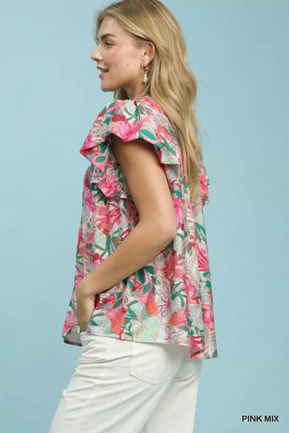 Umgee Mix Tropical Print Blouse with Ruffle Cap Sleeves - Glamourous Grace