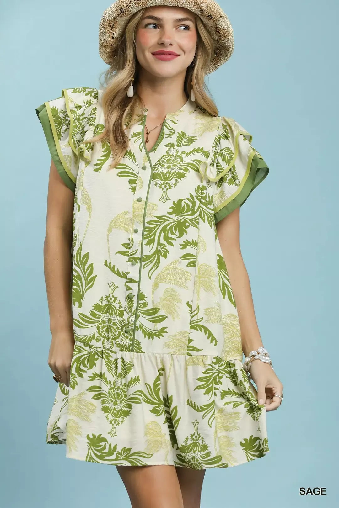 Umgee Toile Print Button-Front Placket Mini Dress with Dropped Ruffle Hem - Glamourous Grace