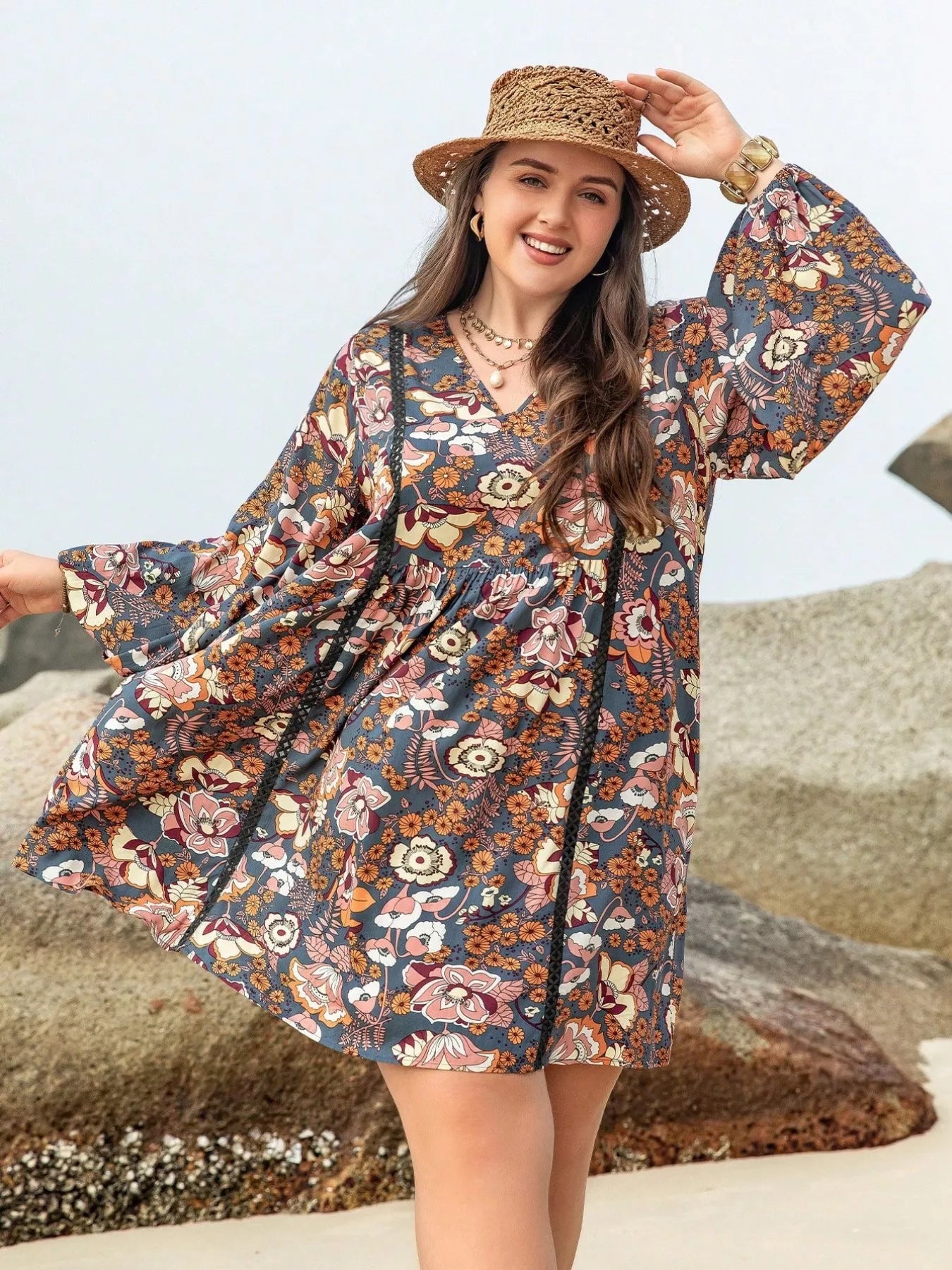 Plus Size Floral Print Long Sleeve Mini Dress - Glamourous Grace