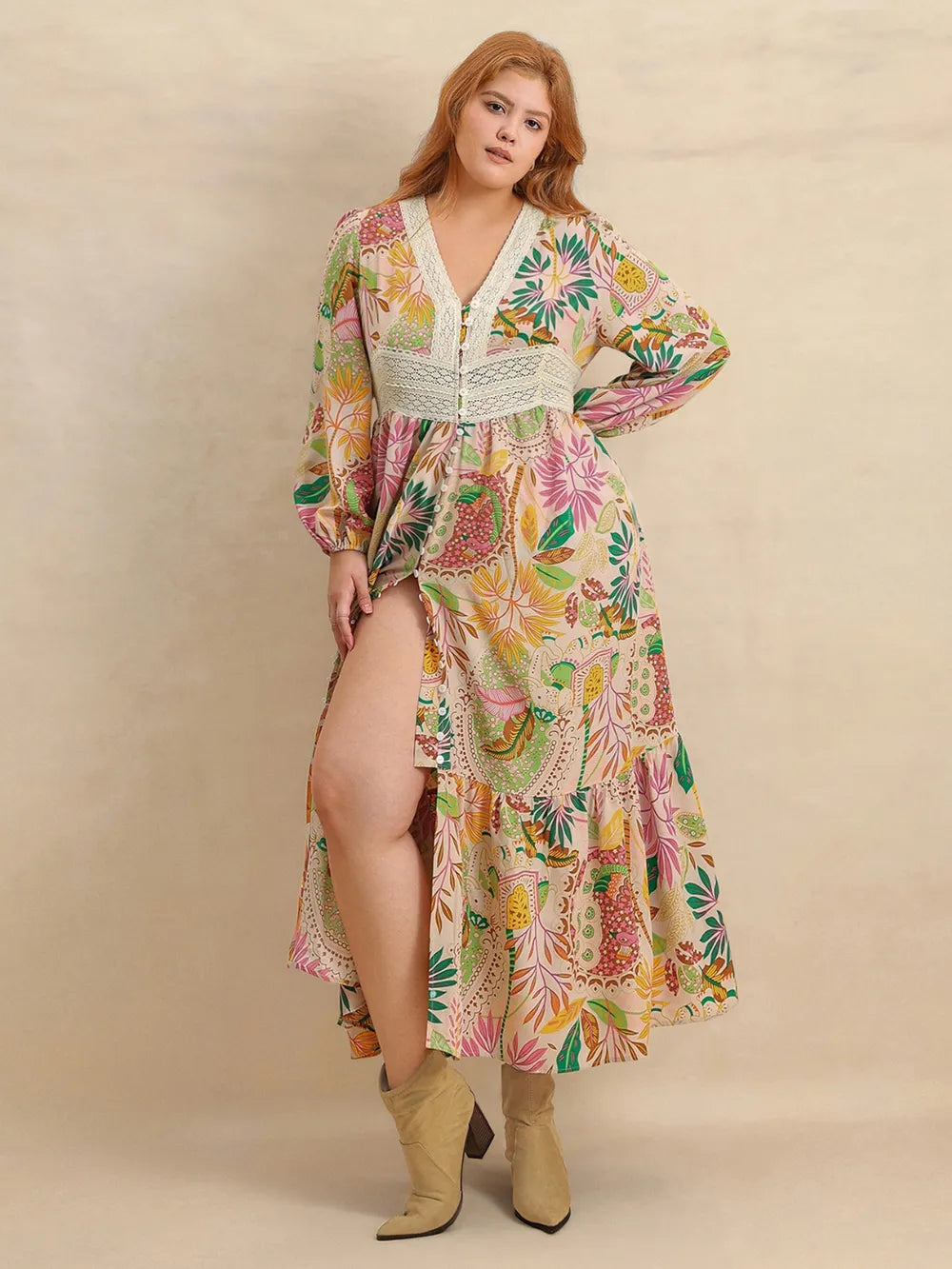 Plus Size Lace Detail Printed V-Neck Balloon Sleeve Dress - Glamourous Grace