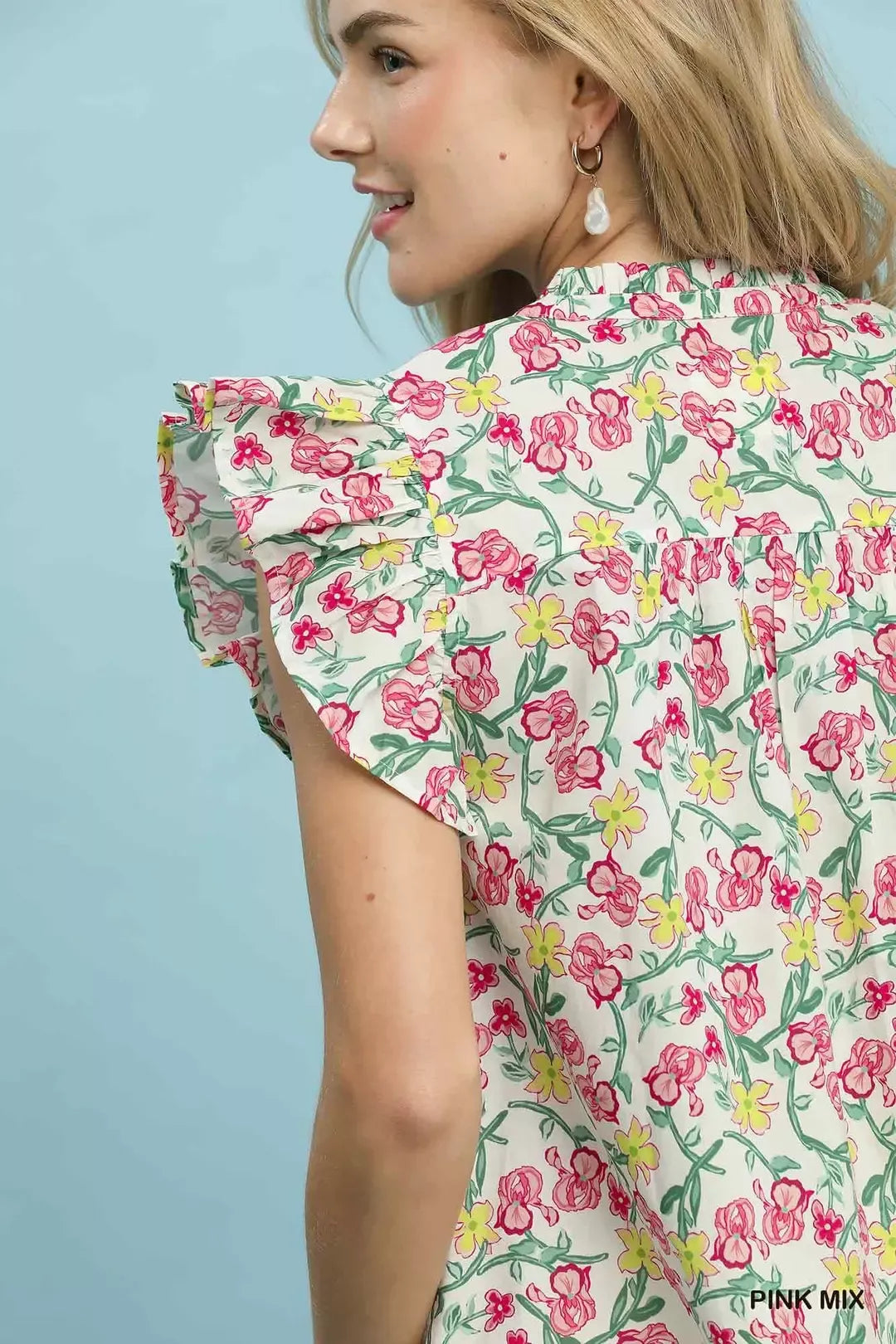 Umgee Floral Print Ruffle  Cap Sleeve Shirt - Glamourous Grace
