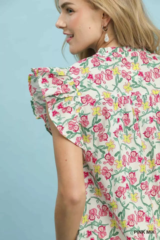 Umgee Floral Print Ruffle  Cap Sleeve Shirt - Glamourous Grace