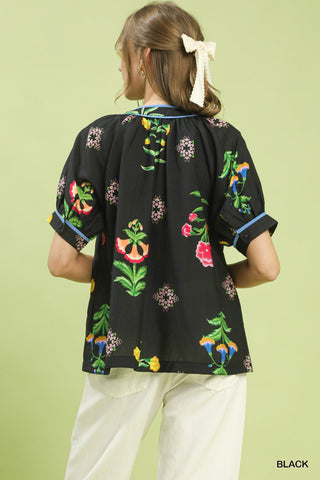 Umgee Botanical Print Contrast Trim Button Blouse - Black Sz L - Glamourous Grace