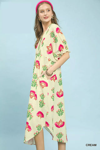 Umgee Abstract Print V-Neck Midi Dress - Glamourous Grace
