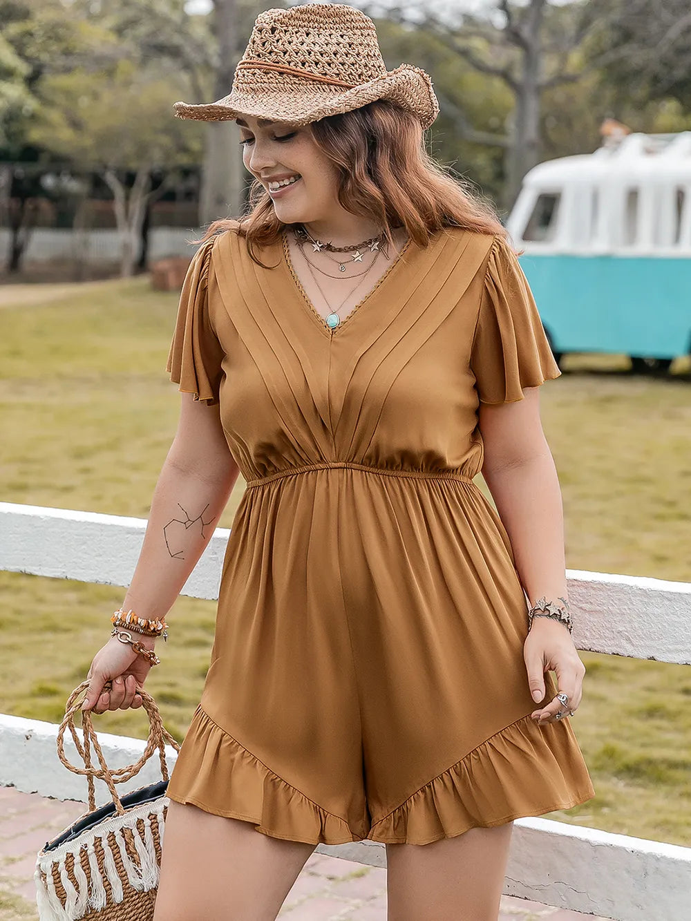 Plus Size Ruffled V-Neck Short Sleeve Romper - Glamourous Grace
