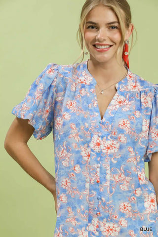 Umgee Floral Button-Front Short Sleeve Shirt - Glamourous Grace