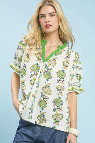 Umgee Abstract Border Print V-Neck Top - Glamourous Grace