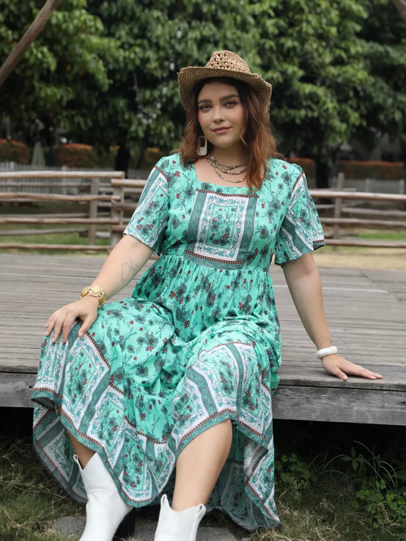 Plus Size Floral Print Square Neck Maxi Dress - Glamourous Grace