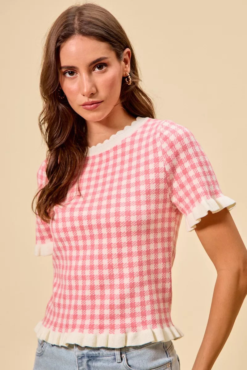 SO ME Gingham Knit Ruffled Short Sleeves Sweater Top - Glamourous Grace