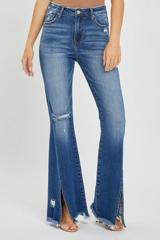 RISEN High Rise Front Slit Frayed Hem Flared Leg Blue Wash Denim Jeans
