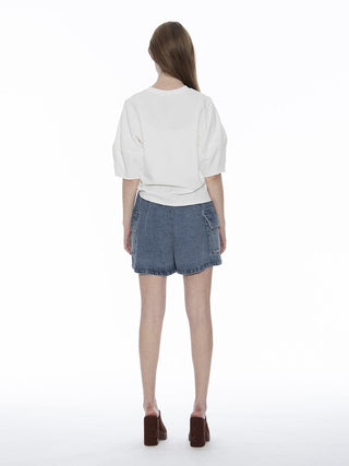 Abstract Face Embroidered Puff Sleeve Top