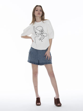 Abstract Face Embroidered Puff Sleeve Top