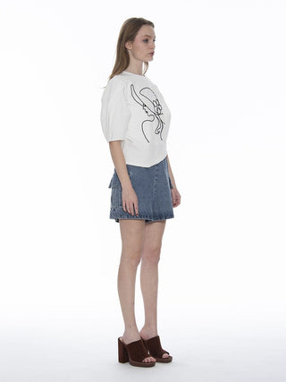 Abstract Face Embroidered Puff Sleeve Top