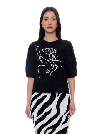 Abstract Face Embroidered Puff Sleeve Top