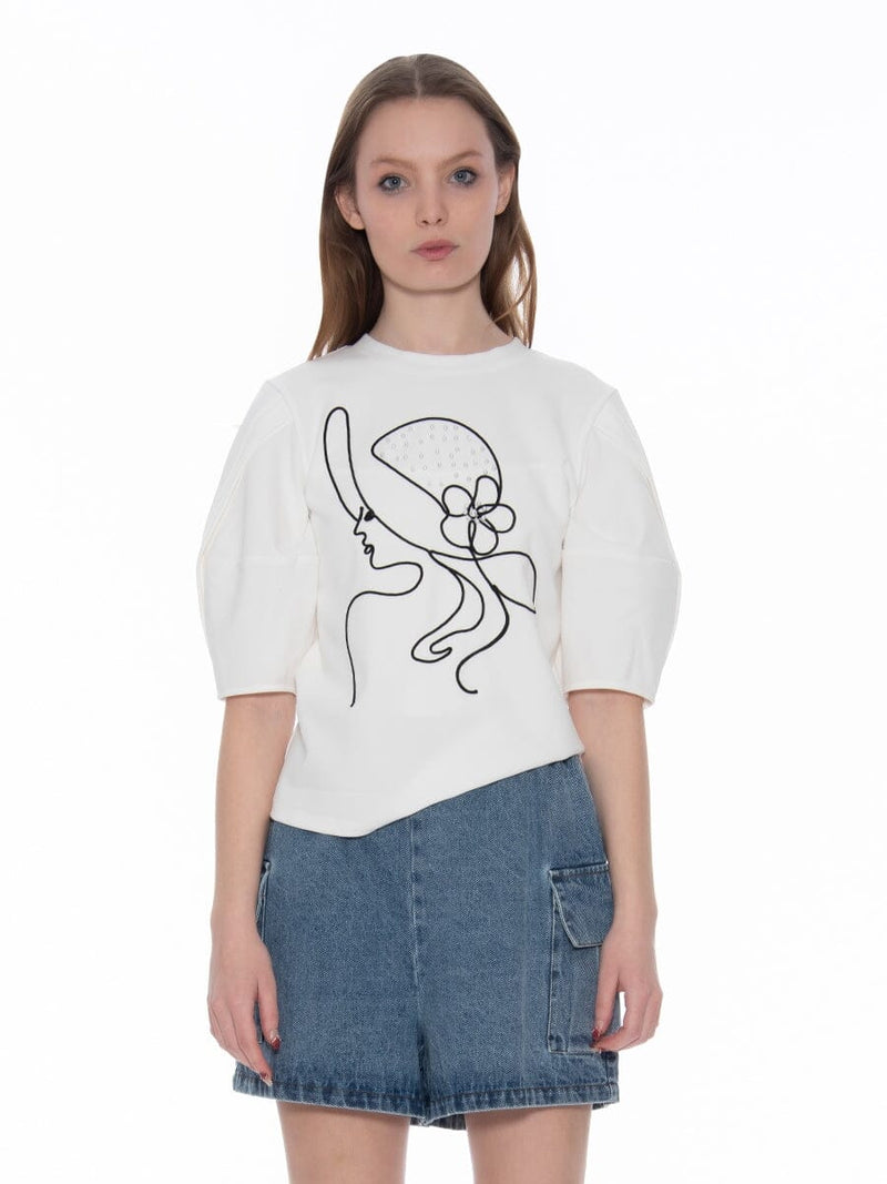 Abstract Face Embroidered Puff Sleeve Top - Glamourous Grace