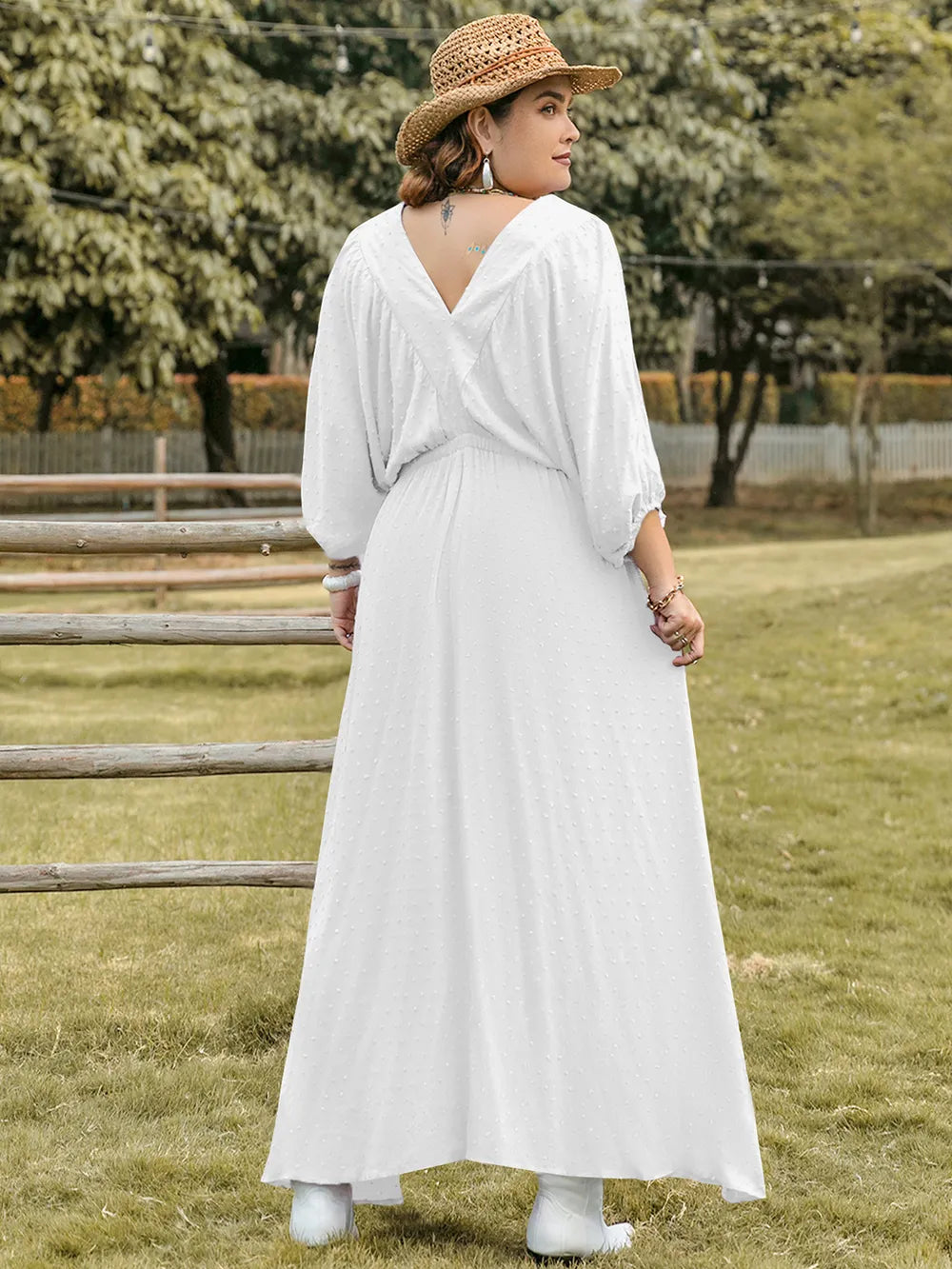 Plus Size Swiss Dot V-Neck Three-Quarter Sleeve Dress - Glamourous Grace