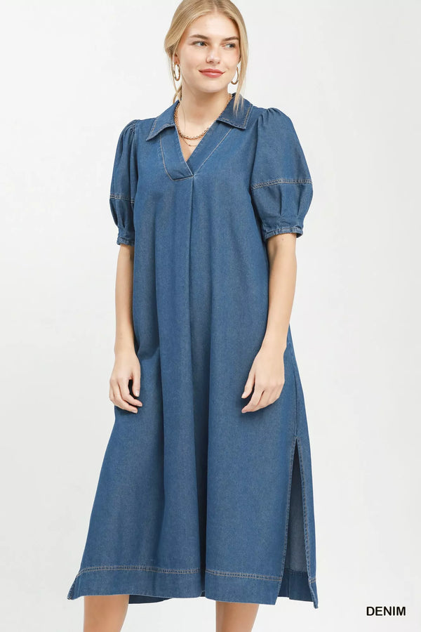 Umgee Chambray Collared Puff Sleeve Dress - Glamourous Grace