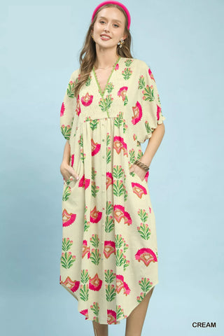 Umgee Abstract Print V-Neck Midi Dress - Glamourous Grace