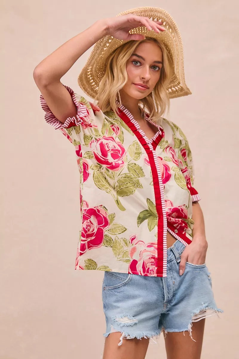 BiBi Floral Printed Woven Contrast Edge Ruffled Blouse - Glamourous Grace