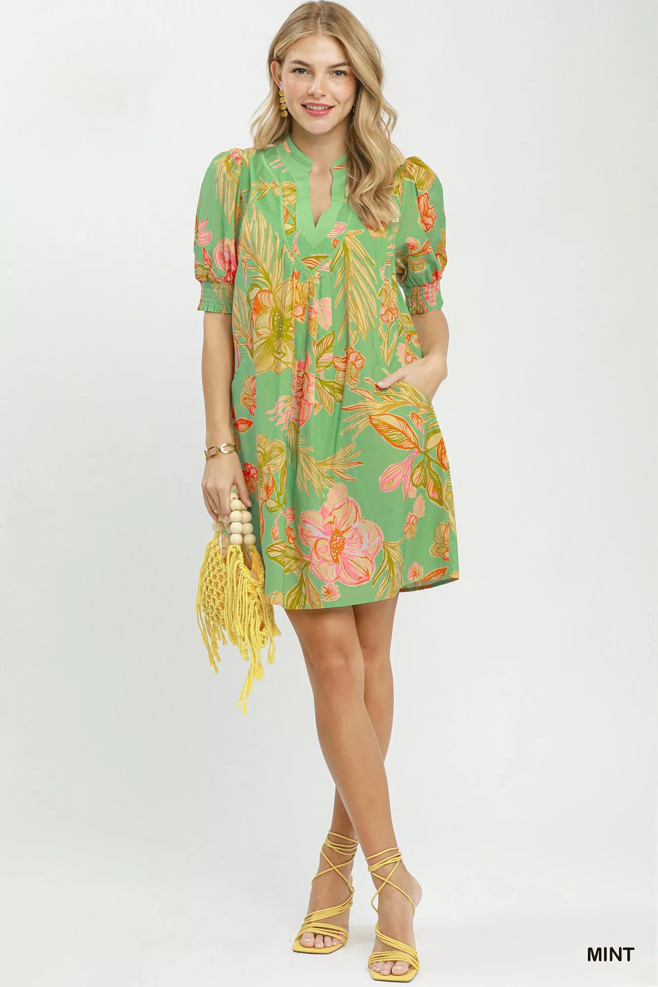 Umgee Botanical Print Dress with Smocked Cuffs - Glamourous Grace