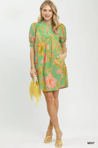 Umgee Botanical Print Dress with Smocked Cuffs - Glamourous Grace
