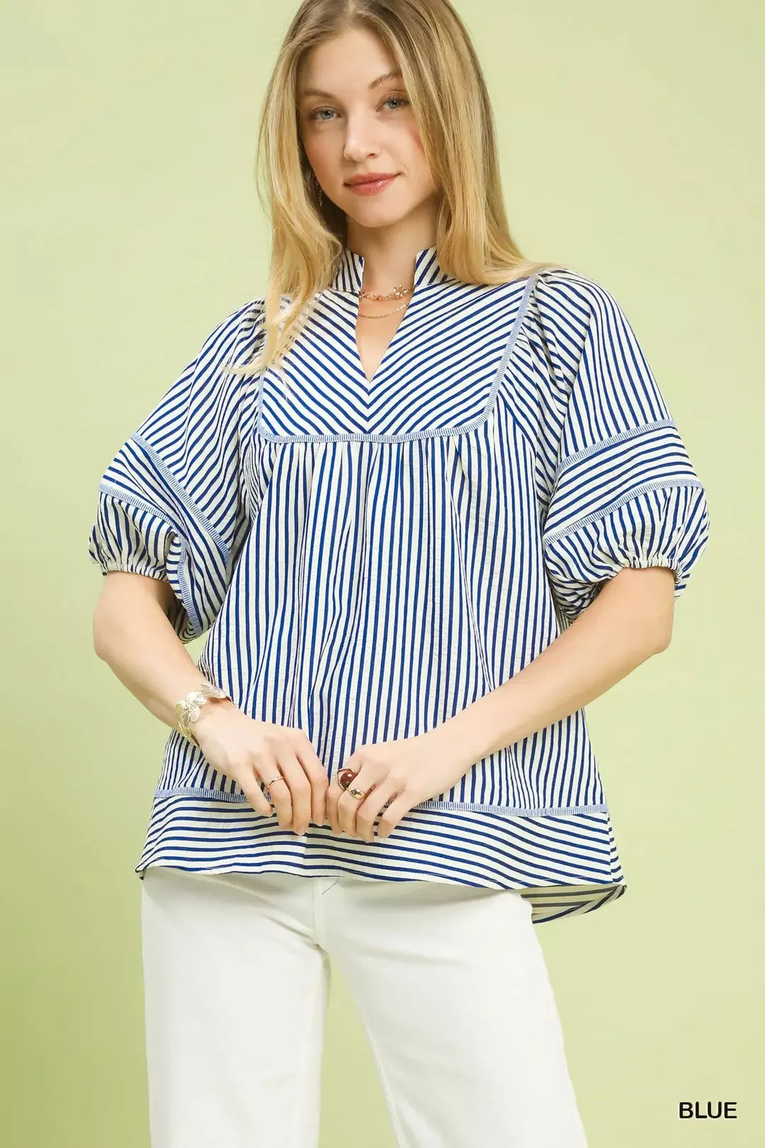 Umgee Striped Puff Sleeve Babydoll Top - Glamourous Grace