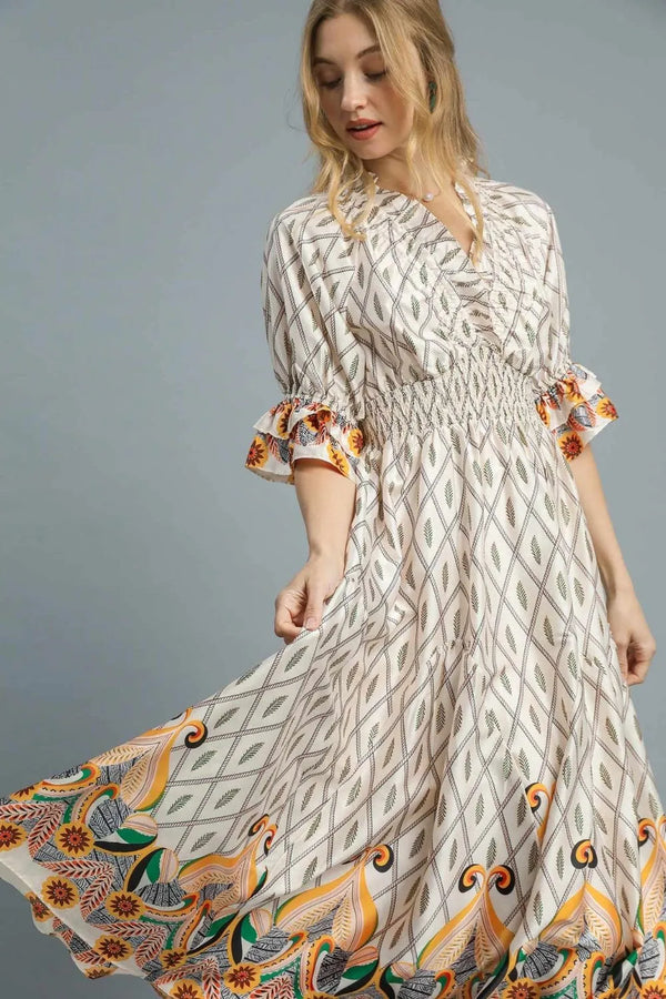 Umgee Printed Smocked Waist Flounce Sleeve Midi Dress - Glamourous Grace