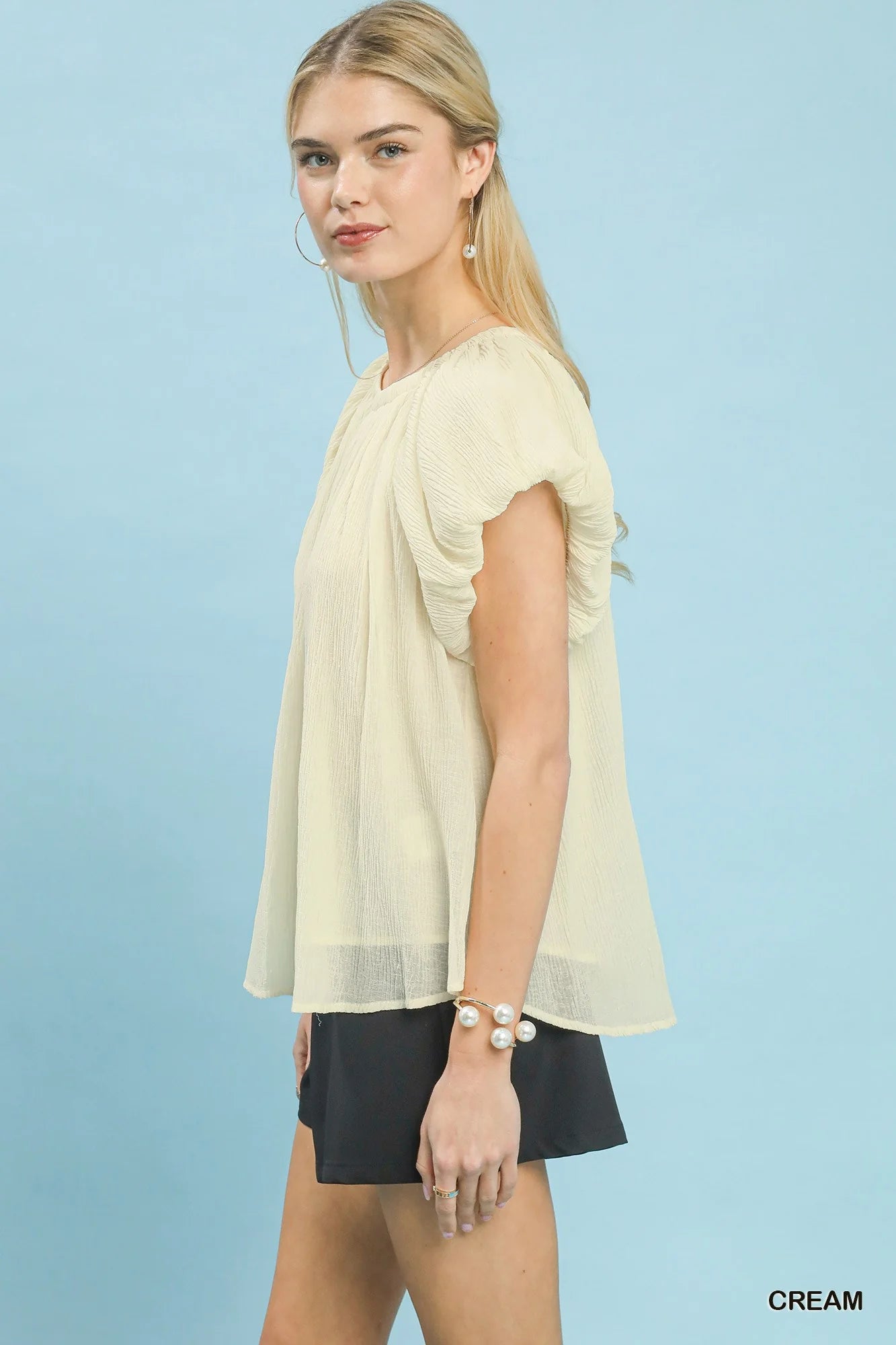Umgee Crinkle Flutter Sleeve Peasant Top in Cream - Glamourous Grace