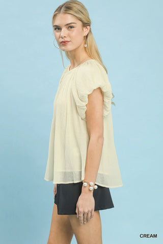 Umgee Crinkle Flutter Sleeve Peasant Top in Cream - Glamourous Grace