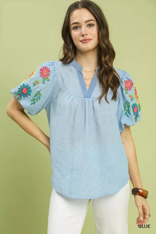 Umgee Embroidered Puff Sleeve Top - Glamourous Grace