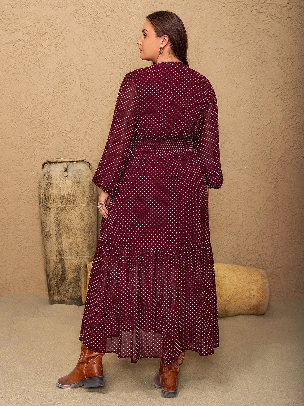 Plus Size Embroidered Polka Dot Tie Neck Long Sleeve Midi Dress - Glamourous Grace
