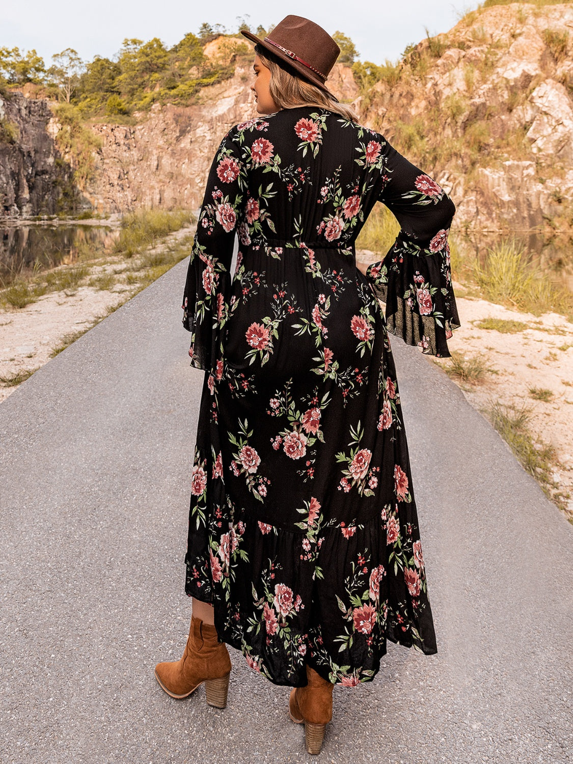 Plus Size Floral Flare Sleeve Dress - Glamourous Grace