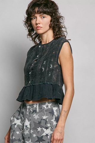 POL Round Neck Lace Sleeveless Top with Double Gauze Ruffle - Glamourous Grace