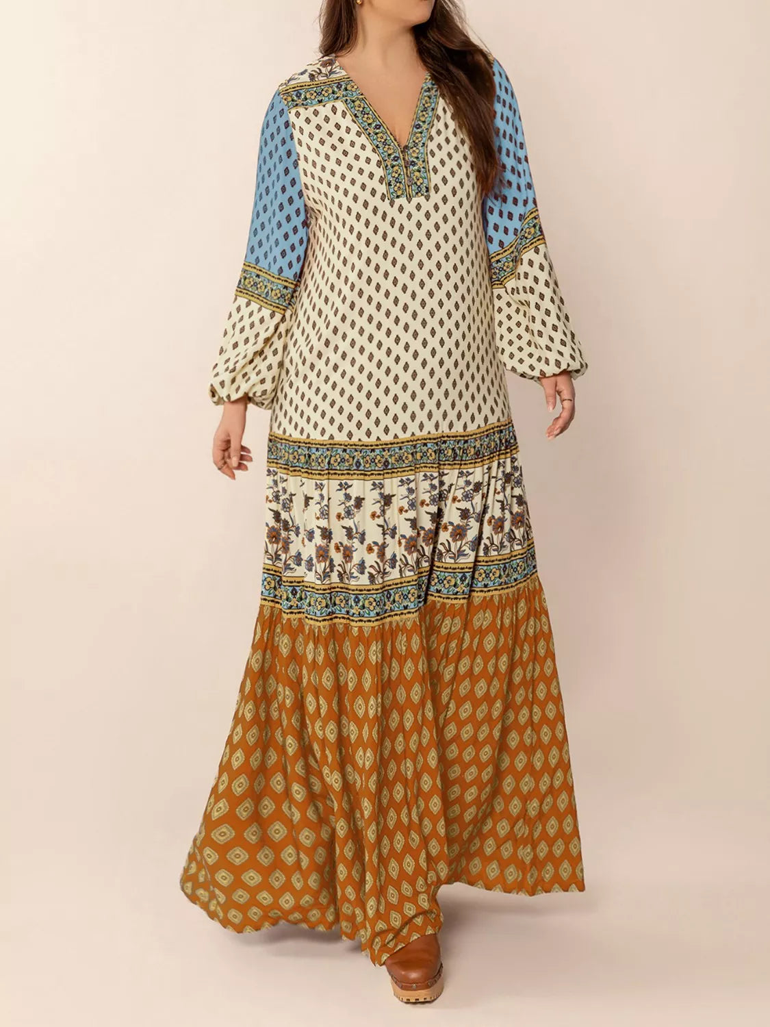Bohemian Mixed Print Long Sleeve Maxi Dress - Glamourous Grace