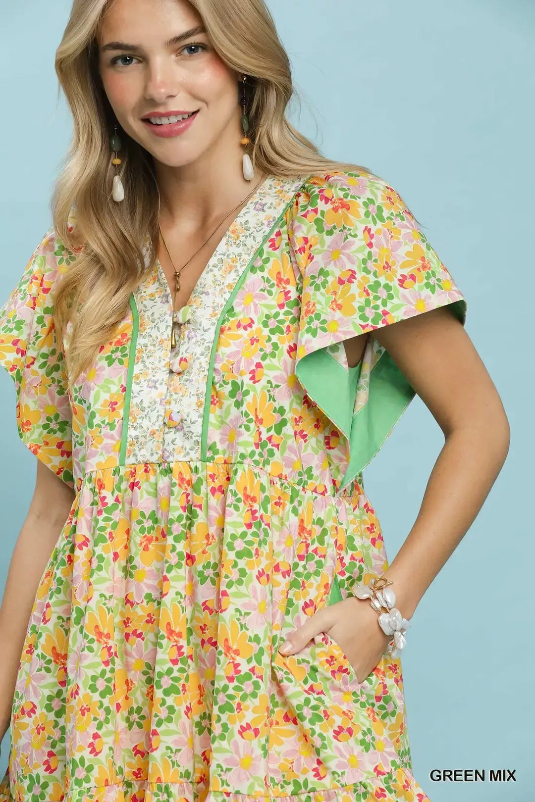 Umgee Mix Floral Tiered Mini Dress with Side Pockets - Glamourous Grace