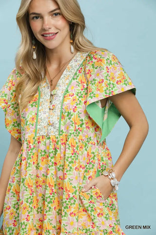 Umgee Mix Floral Tiered Mini Dress with Side Pockets - Glamourous Grace